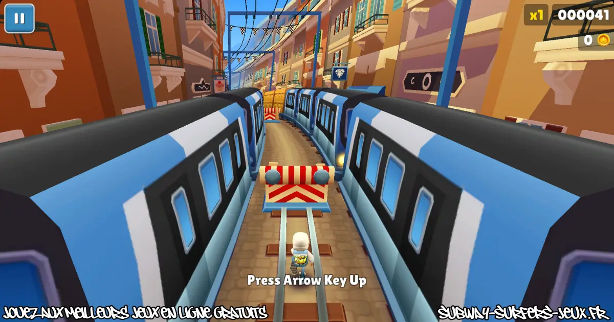 Gameplay de Subway Surfers avec une course rapide entre deux trains