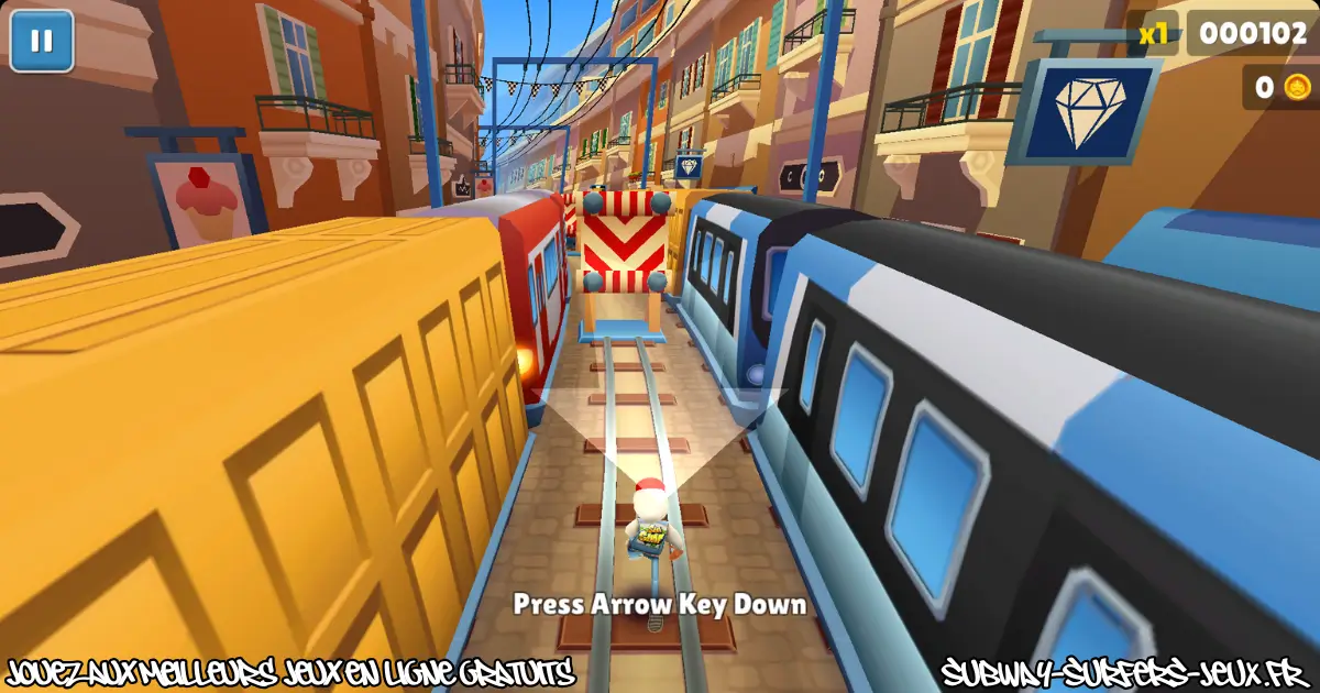 Personnage de Subway Surfers évitant un obstacle près d’un train jaune