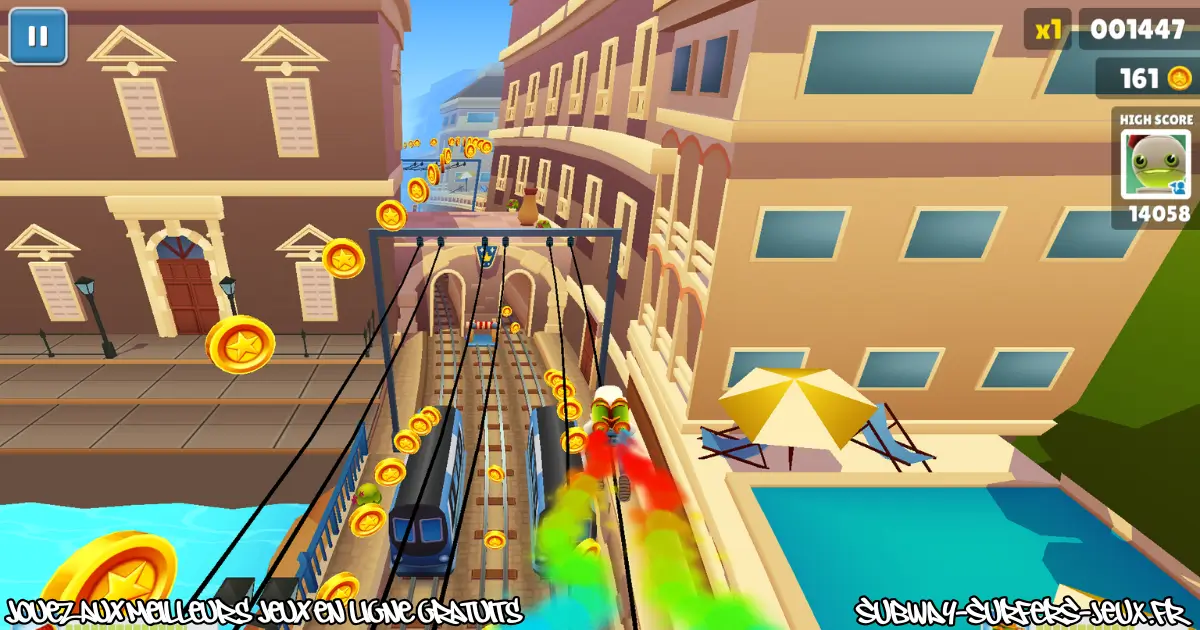Vue d’ensemble des rails et bâtiments dans Subway Surfers